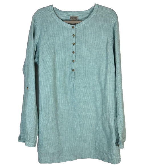 Duluth Trading Co Dress Cover up Hemp Cotton 1/2 Button Up Tunic L Green Stripes - Picture 1 of 6